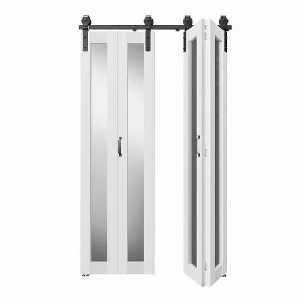 TENONER 48 in. x 84 in. (24 in. W x2) Mirrored Glass, White, MDF, Bi-Fold Style, Full Lite Sliding Barn Door with Hardware Kit
