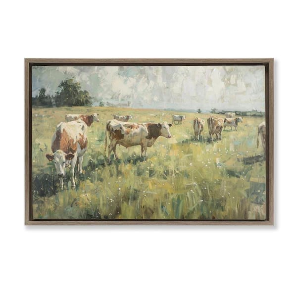 Roaming Cows in Grasslands by LSR Design Studio Brown Floater Frame Nature Graphic Art Print 21 in. x 31 in.