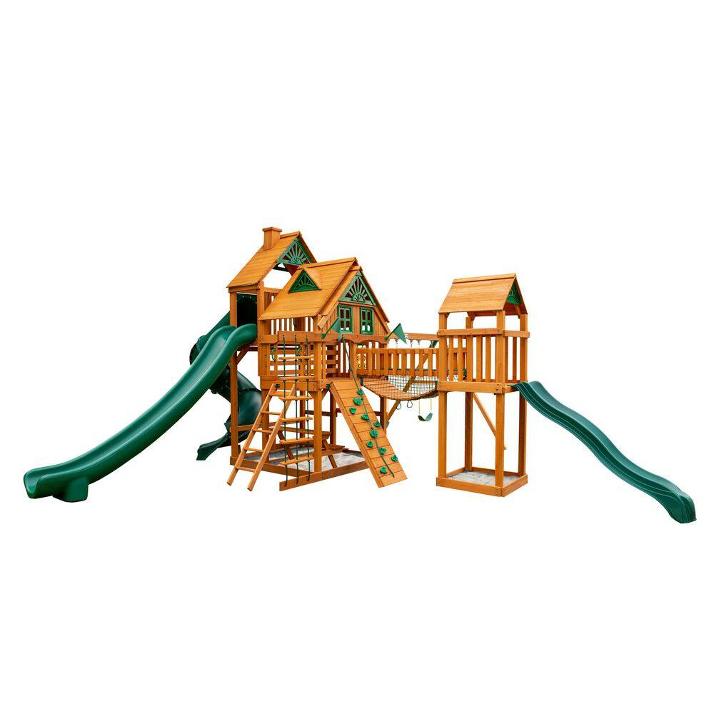 Pro Assembled Treasure Trove II Treehouse Wood Backyard Playset with Clatter Bridge, Tube Slide, and Swings Set price history on PriceWatchPro