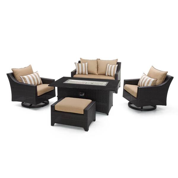 RST BRANDS Deco 5-Piece Wicker Motion Patio Fire Pit Conversation Set with Sunbrella Maxim Beige Cushions