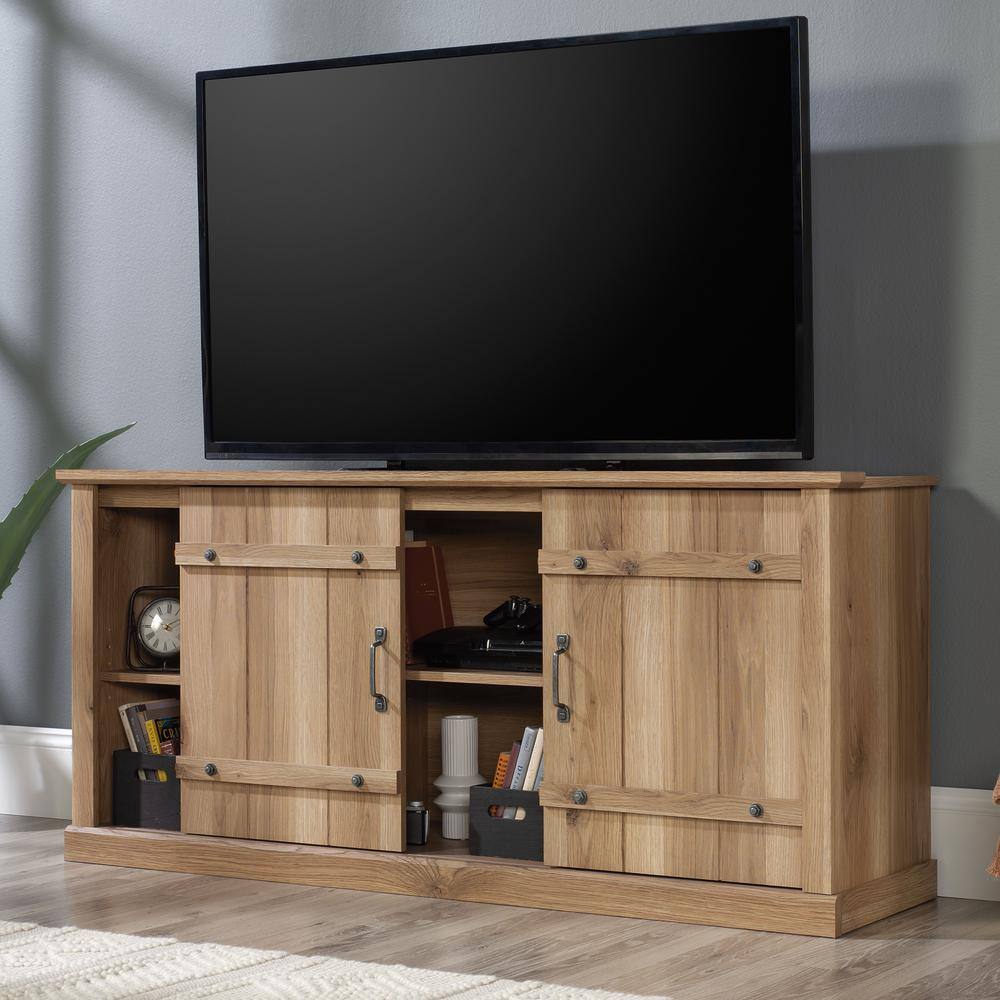 Timber Oak Farmhouse TV Stand with Sliding Barn Doors for 70" TVs