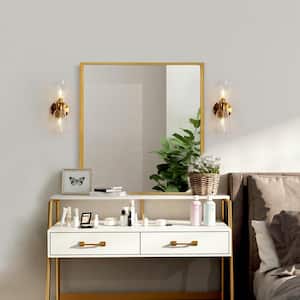 Modern Tube Bathroom Vanity Light 2-Light Funnel Plating Brass Wall Light with Seeded Glass Shades