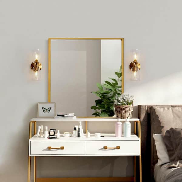 Modern Tube Bathroom Vanity Light 2-Light Funnel Plating Brass Wall Light with Seeded Glass Shades