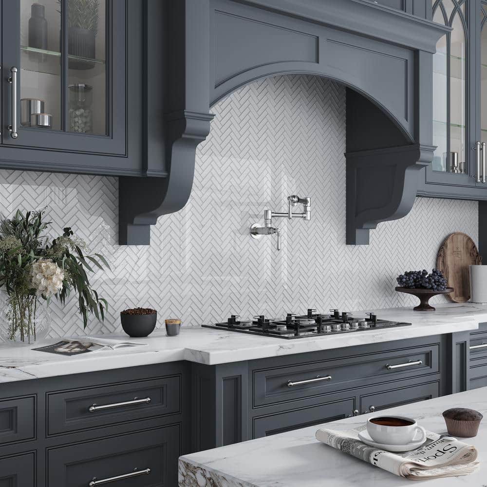 Ice White Herringbone Polished Glass Mosaic Tile 11" x 12.6"