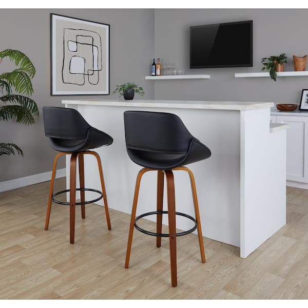 LumiSource Fabrico 29.5 in. Black Faux Leather, Walnut Wood, and Black Metal Fixed-Height Bar Stool (Set of 2)