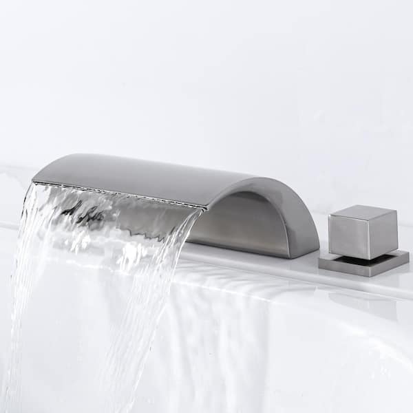 Brushed Nickel 2-Handle 3-Hole Deck Mounted Waterfall Roman Tub Faucet Included Components in Stainless Steel