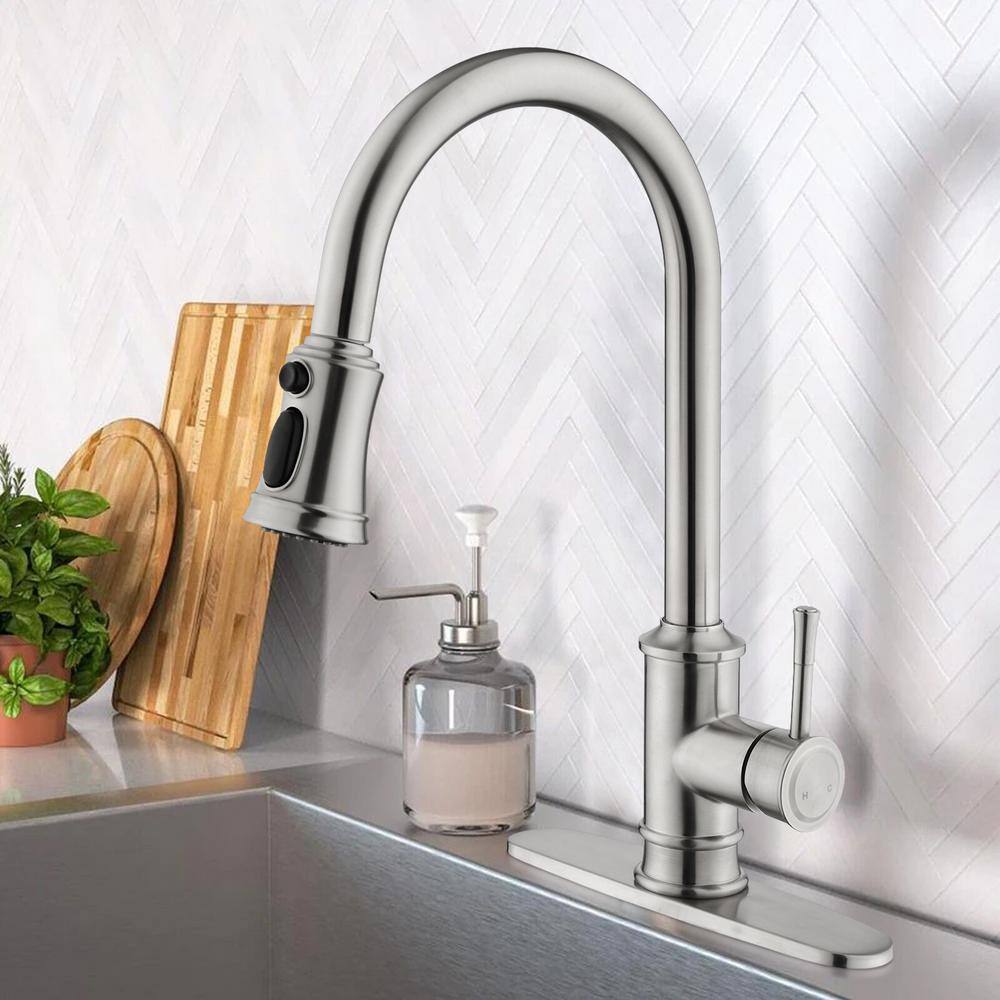 Brushed Nickel High Arc Single Handle Pull Out Kitchen Faucet