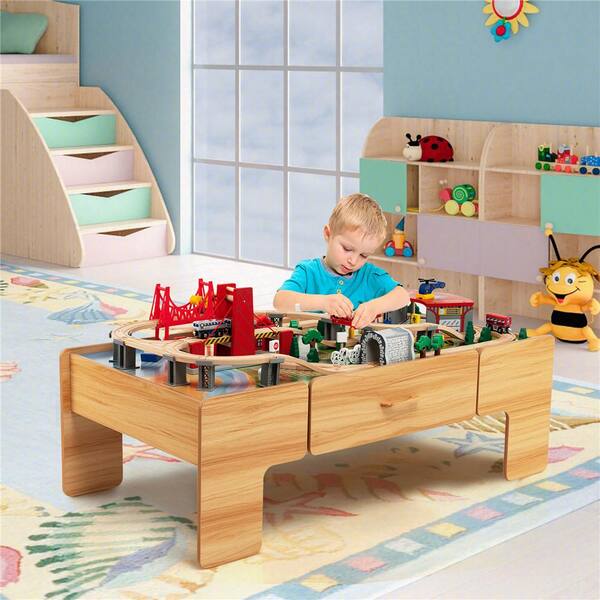 Wooden Kids Train Set Table – 100-Piece Railway Track With Storage Drawer, Beech Wood & MDF