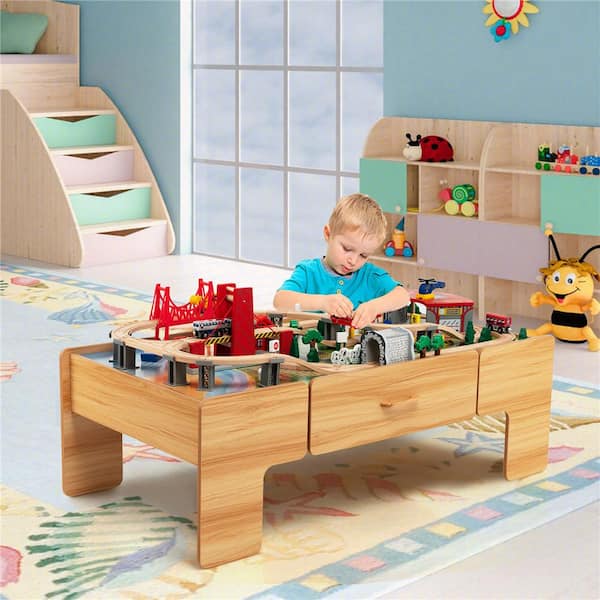 Kids Wooden Train Set and Double-Sided Table Playset with 100-Pieces and Storage Drawer
