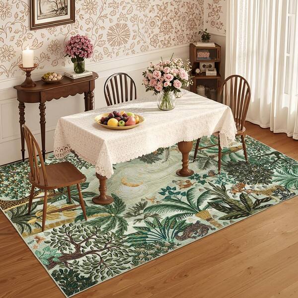 Green 8 ft. x 10 ft. Washable Jungle Botanical Print Rug Soft and