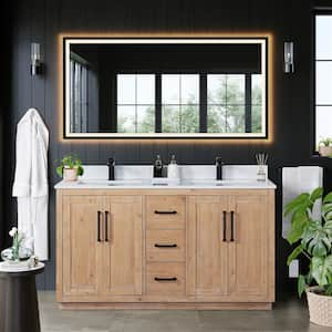 Cicero 60 in. W x 22 in. D x 33 in. H Freestanding Bath Vanity in Brown with White Engineered Stone Top with Mirror