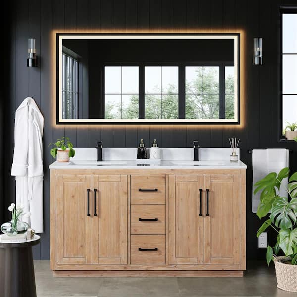 Altair Cicero 60 in. W x 22 in. D x 33 in. H Double Sink Bath Vanity in Brown with White Engineered Stone Top and Mirror