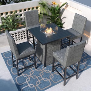 5-Piece Gray Wicker Patio Conversation Set With 4 Outdoor Bar Stools and 36 in. Fire Pit Table