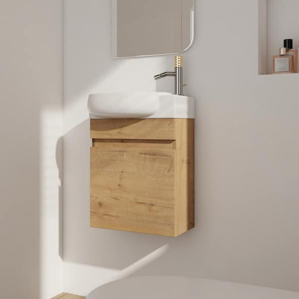 16 in. W x 11.6 in. D x 21.3 in. H Floating Single Sink Bath Vanity in Imitative Oak with White Ceramic Top