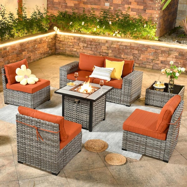XIZZI Metis 7-Piece Wicker Outdoor Patio Fire Pit Conversation Sectional Sofa Set and with Orange Red Cushions