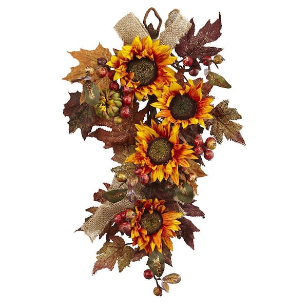 Nearly Natural 24 in. Sunflower and Berry Artificial Teardrop