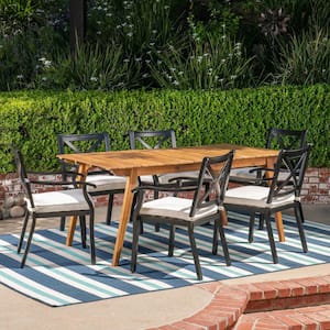 Slymar Teak Brown and Black 7-Piece Wood and Aluminum Outdoor Dining Set with Ivory Cushions