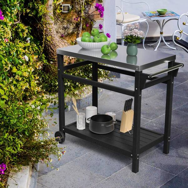 Zeus Ruta Black Outdoor Grill Carts Prep Cart Dining Table Steel Tabletop with Side Rack 1 Shlef and 2 Wheels