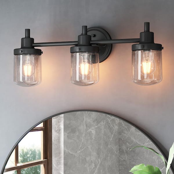 20.1 in. 3-Light Black Bathroom Vanity Light, Modern Bathroom Light Fixtures with Seeded Glass Shade Over Mirror