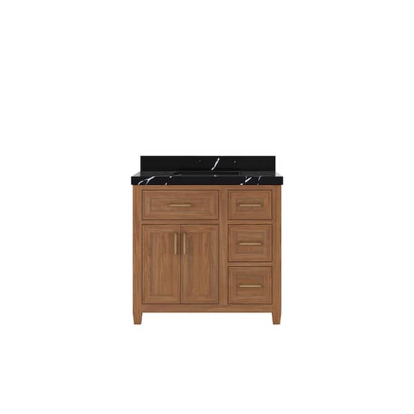 Willow Collections Santa Monica 36 in. W x 22 in. D x 36 in. H Single Sink Bath Vanity in Dark Natural with 2 in. Calacatta Black Qt. Top