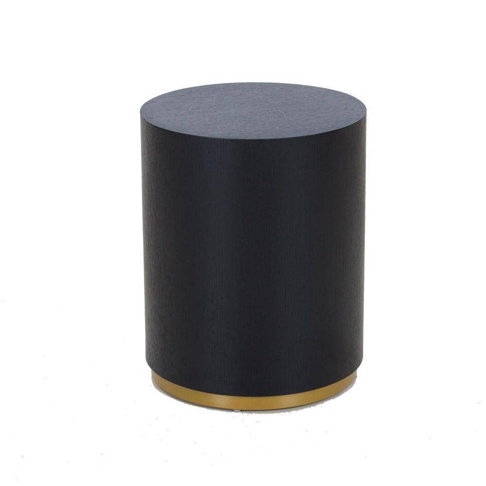Black round wood coffee table with a gold rim bottom.