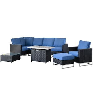 Mille Lacs Black 9-Piece Wicker Outdoor Patio Conversation Sectional Sofa Set with a Fire Pit and Blue Cushions