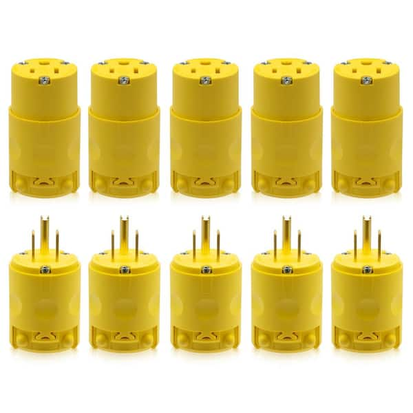 Straight Blade Plug and Connector Set, 15 Amp 125-Volt NEMA 5-15P NEMA 5-15R 2 Pole 3 Wire Grounding, Yellow (5-Set)