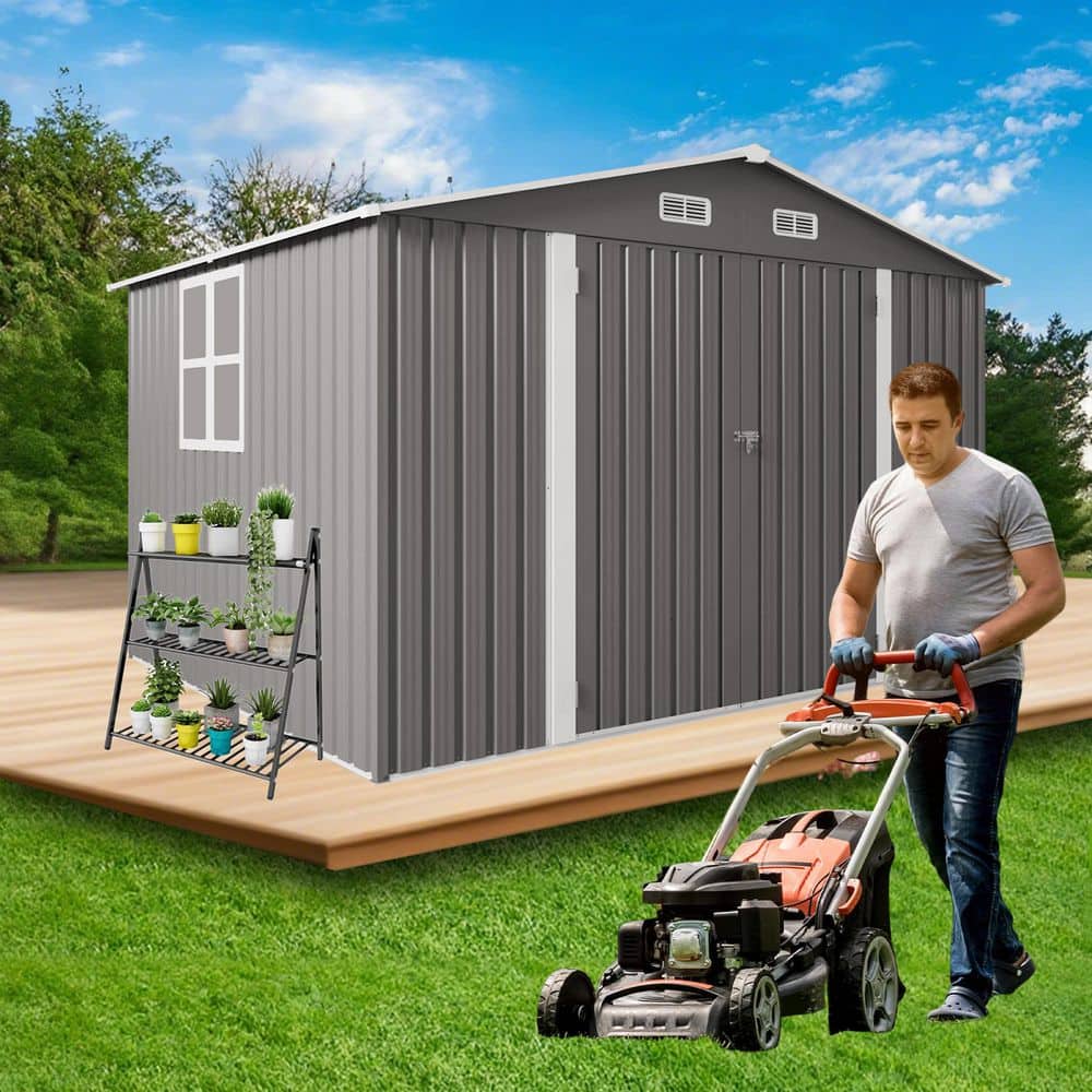 Gray 10 ft. W x 8 ft. D Metal Shed with Lockable Door, Air Vent