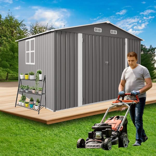 Gray 10 ft. W x 8 ft. D Metal Shed with Lockable Door, Air Vent, Clear Window(80 sq. ft. )