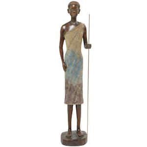 Brown Polystone Standing African Woman Sculpture with Intricate Details