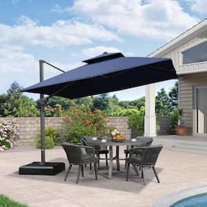 10 ft. Square 2-Tier Aluminum Cantilever 360-Degree Rotation Patio Umbrella with Base, Navy Blue