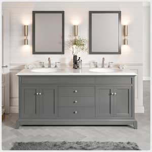 Elitist 72 in. W x 22 in. D x 34 in. H Freestanding Double Sink Bath Vanity in Gray with White Carrara Marble Top