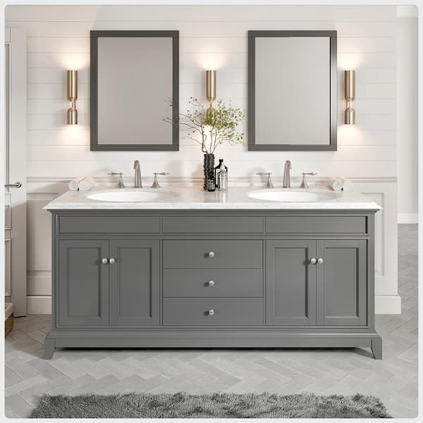 Eviva Elitist 72 in. W x 22 in. D x 34 in. H Freestanding Double Sink Bath Vanity in Gray with White Carrara Marble Top