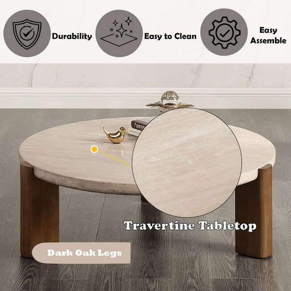 Acme Furniture Palisade 40 in. Dark Oak Round Travertine Stone
