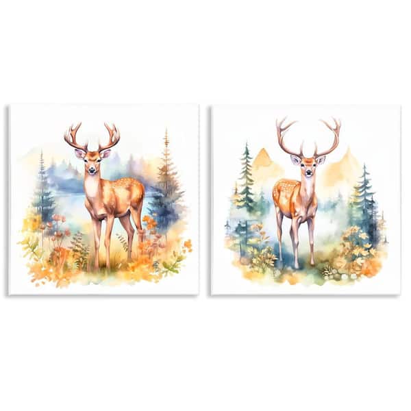 Stupell Industries Wild Deer Mountain Overlook by Andrea Haase 2 Pieces Unframed Animal Graphic Art Print 12 in. x 12 in.