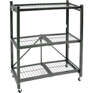 Metal 35.4 x 13.3 x 28.75 in. R3 General Purpose Foldable 3-Tiered Shelf Storage Rack & Wheels, Pewter