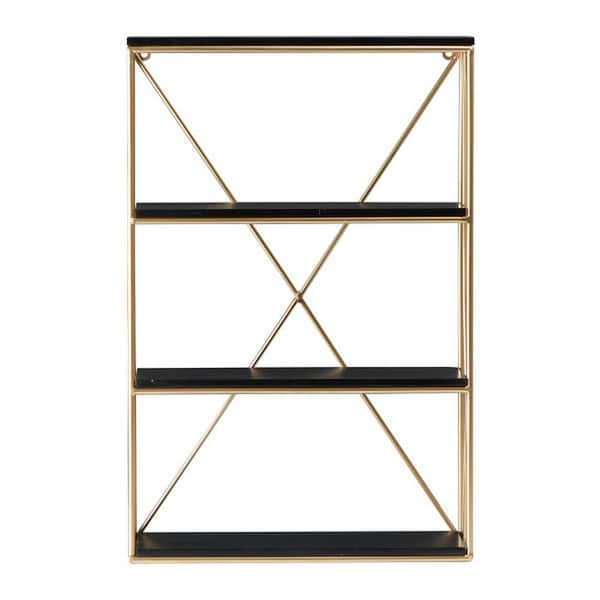 Storied Home 6.0 in. x 24.3 in. x 16.0 in. Wood and Iron Rectangle Wall Shelf in Black and Gold