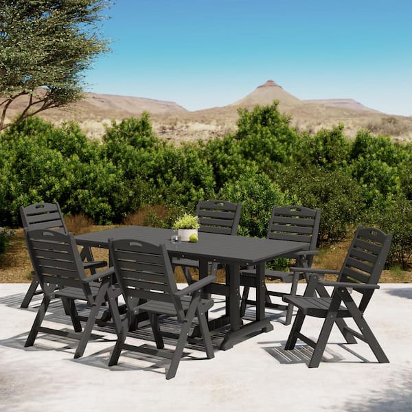 Laguna Outdoor All Weather HDPE Plastic 7-Piece Highback Folding Chairs, Rectangle Table Patio Dining Set, Gray