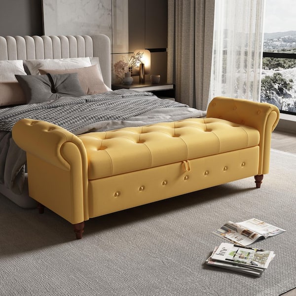 Harper Bright Designs Yellow Tufted Armed Storage Bedroom Bench