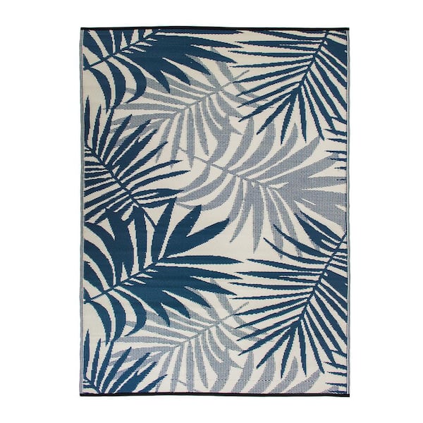 World Rug Gallery Hawaii Navy 8 ft. x 10 ft.  Modern Floral Reversible Plastic Outdoor Area Rug