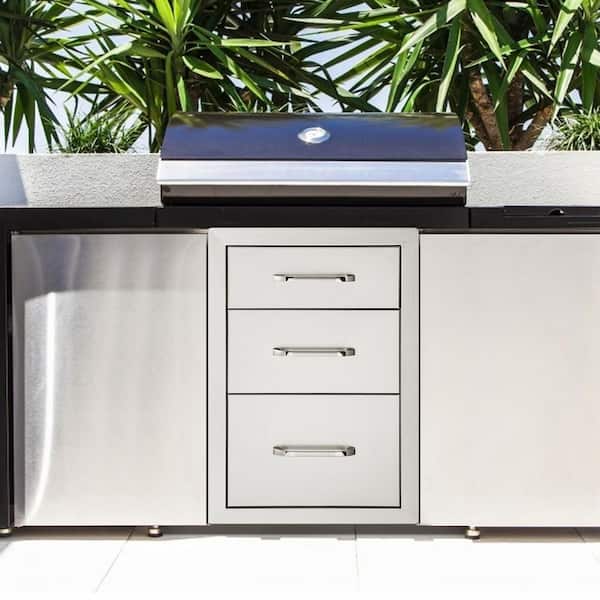 Outdoor Kitchen Drawers 14 in. W x 20.3 in. H x 23 in. D Flush Mount Triple BBQ Drawers Stainless Steel with Handle