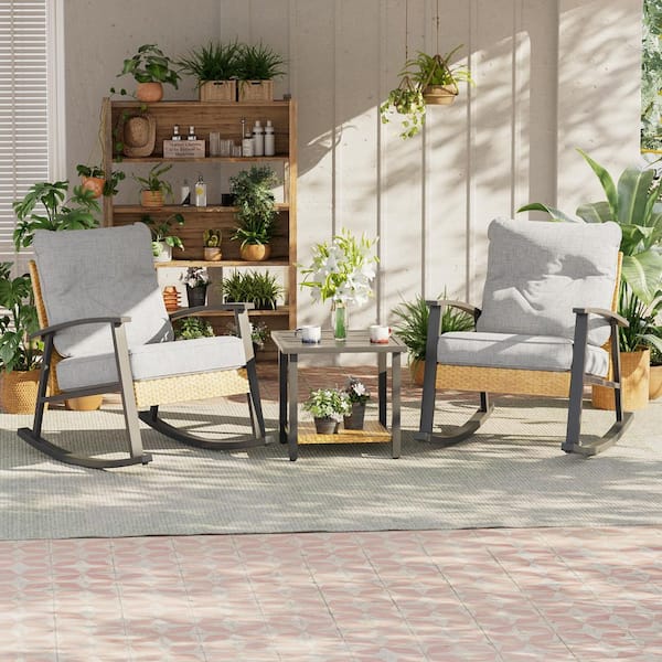 3-Piece Metal Frame Outdoor Bistro Set 2 Rocking Chairs with Light Gray Cushions and Tempered Glass Side Table