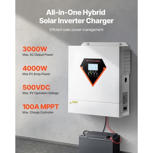 Hybrid Solar Inverter 3000W All in One Pure Sine Wave Power Inverter Charger Off Grid 24V DC to 110/120V Solar Panel Kits