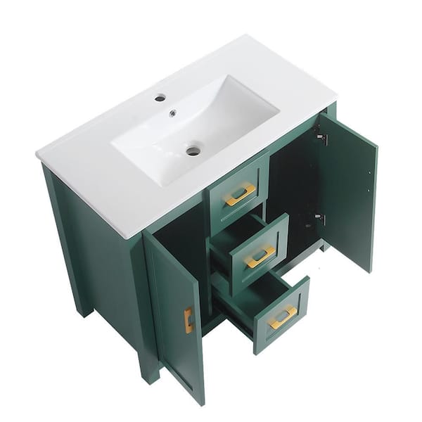 36 in. Freestanding Green Bath Vanity with White Ceramic Top