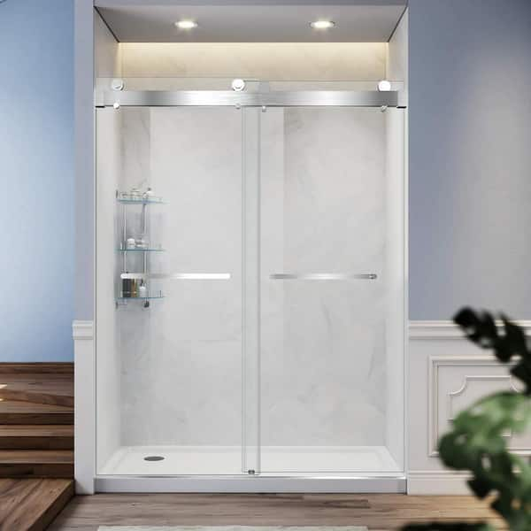 WELLFOR 60 in. W x 70 in. H Double Sliding Frameless Shower Door in Brushed Gold with 6 mm Clear Glass