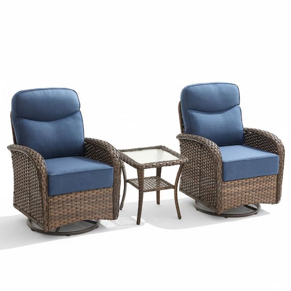 High Crescent 3-Piece Brown Wicker Patio Conversation Set with Blue Cushions