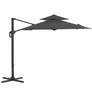 12ft. 2-Tier Aluminum Patio Offset Umbrella Outdoor Cantilever Umbrella, 6-Level 360°Rotation, Aluminum Pole Dark Grey