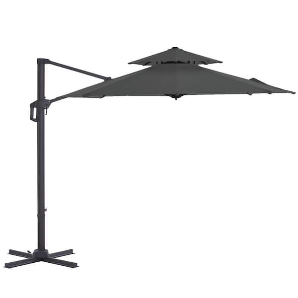 PASAMIC 12ft. 2-Tier Aluminum Patio Offset Umbrella Outdoor Cantilever Umbrella, 6-Level 360°Rotation, Aluminum Pole Dark Grey