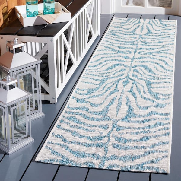 Courtyard Ivory/Aqua 2 ft. x 8 ft. Zebra Indoor/Outdoor Runner Rug