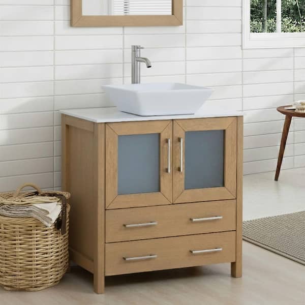 30 in. W Single Basin Natural Oak Bath Vanity with White Engineered Marble Top and Mirror